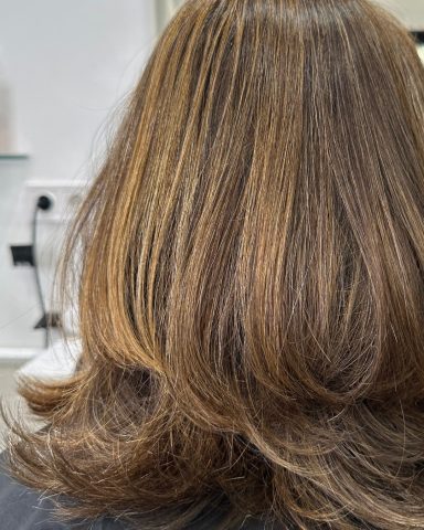 Media melena con coloración natural en tonos castaños usando barros, que aporta brillo saludable y acabado orgánico.