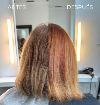 Cabello tratado con cauterización vegetal para eliminar el frizz, con acabado suave, brillante y sin encrespamiento.