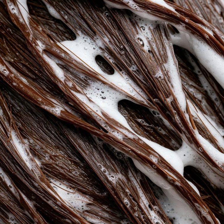 “Cabello mojado con espuma de champú natural durante lavado”