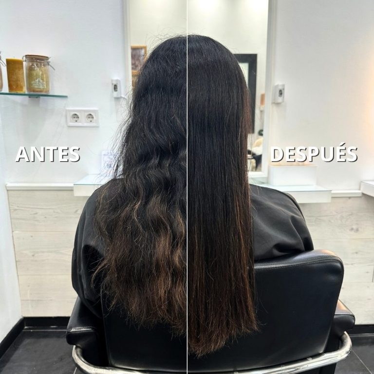 "Alisado Bio Straight en Juan Murgui Organic Salon: antes con encrespamiento, después liso, suave y brillante."